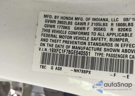 2016 Honda Civic Ex-L из США, поврежденный, VIN 19XFC1F78GE040551